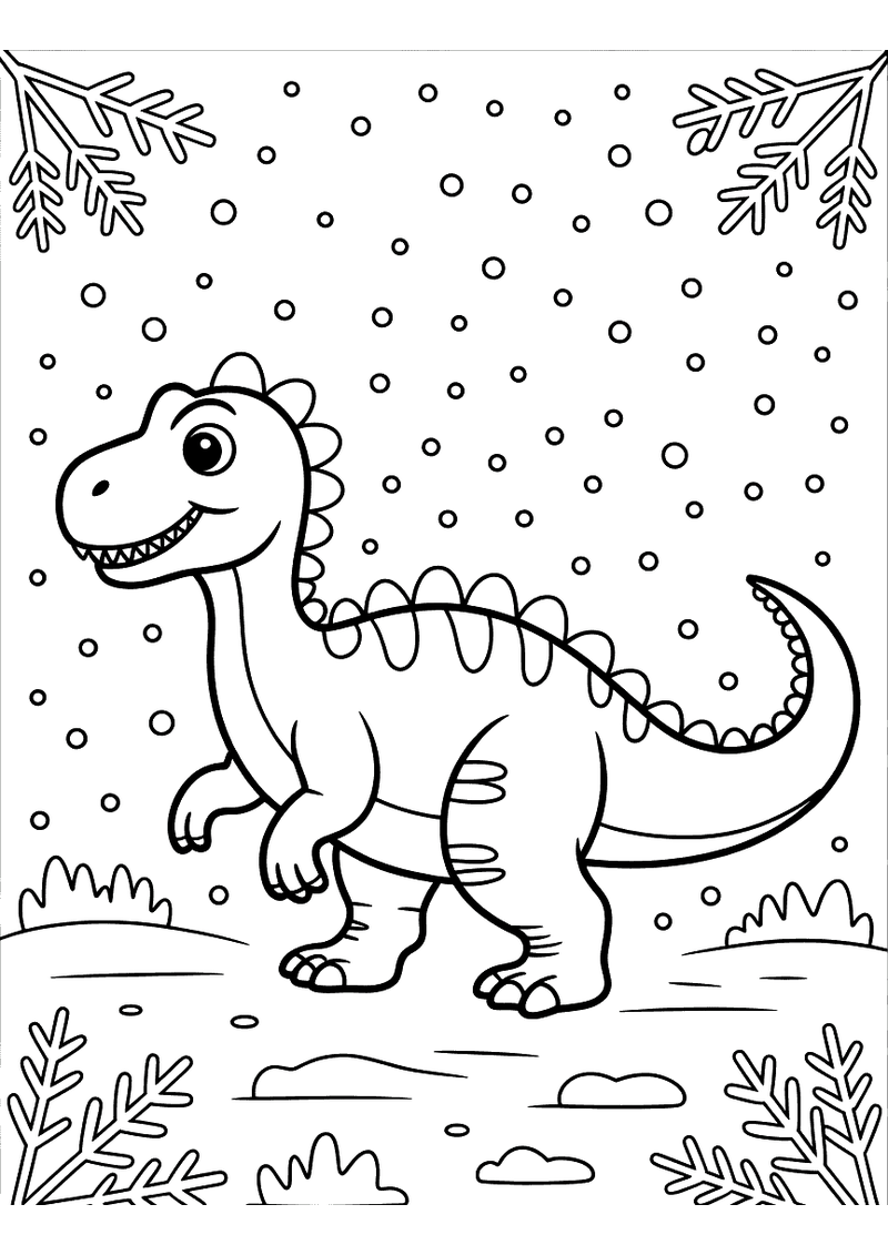 Kleurplaat van een grote dinosaurus met rugstekels die door een bevroren winterlandschap met vallende sneeuwvlokken en b