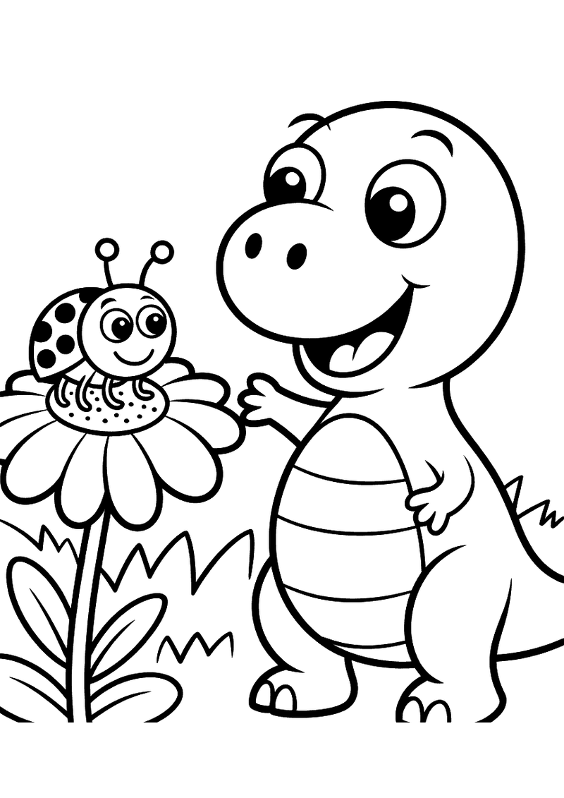 Kleurplaat van een vrolijke baby dinosaurus die met een brede lach naar een lieveheersbeestje op een grote bloem kijkt i