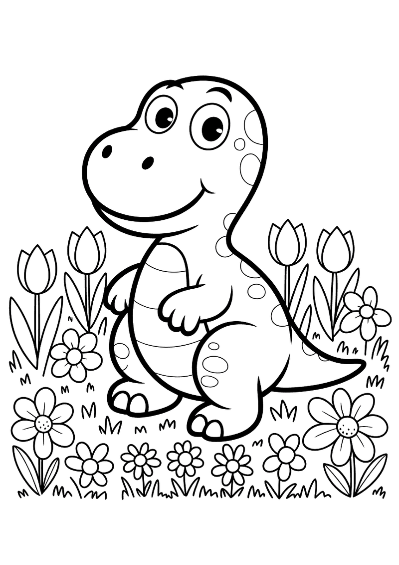Kleurplaat van een kleine vrolijke dinosaurus met rugschubben die omringd is door tulpen, madelieven en andere lentebloe