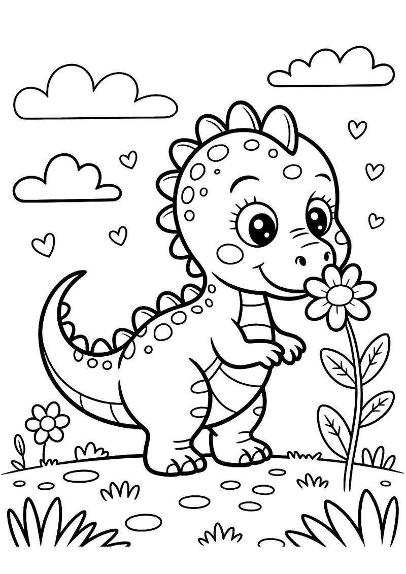 Kleurplaat van een schattige dinosaurus met rugstekels die haar neus in een grote bloem steekt en eraan ruikt, omringd d