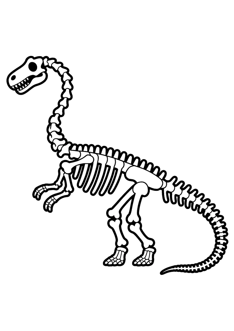Kleurplaat van een volledig dinosaurus skelet in zijaanzicht met zichtbare ribben, wervelkolom, schedel met tanden en po
