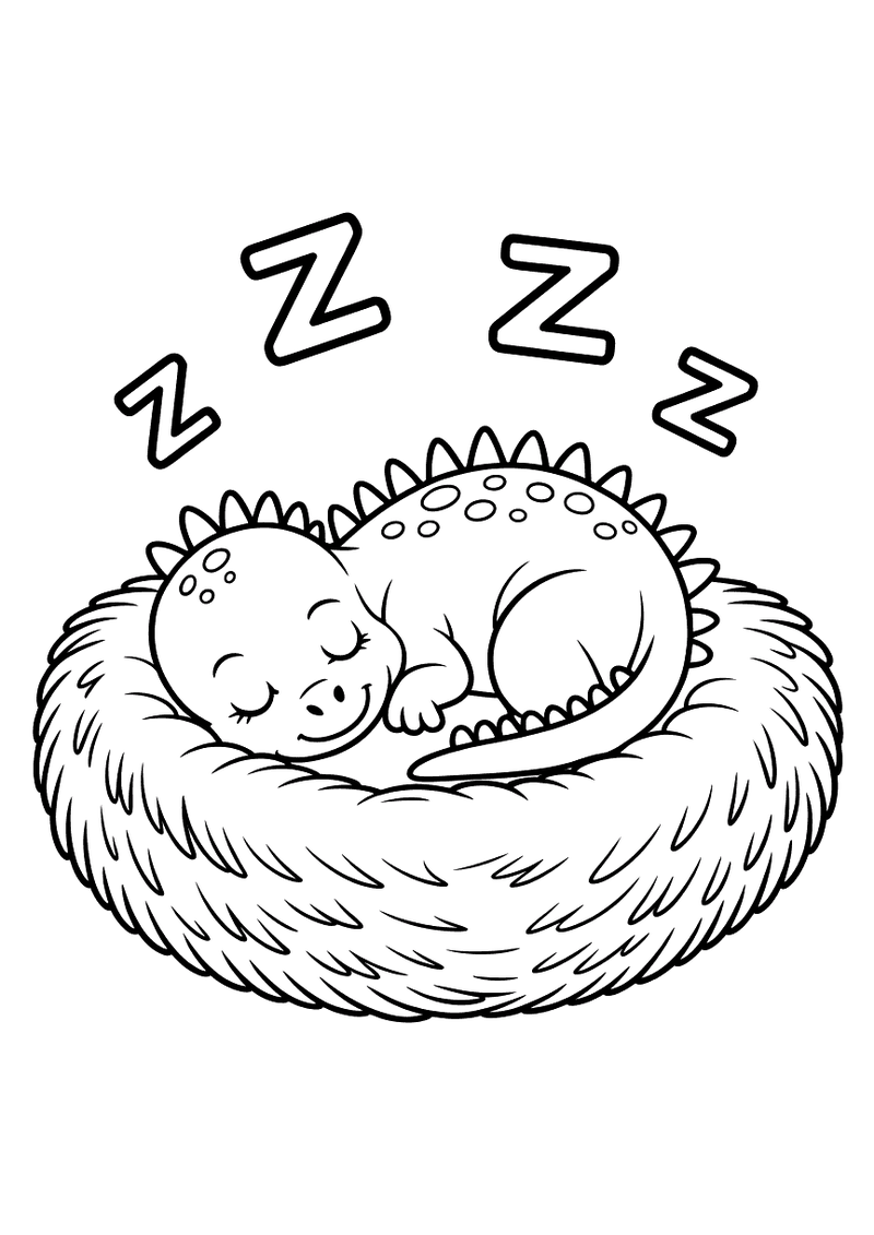 Kleurplaat van een opgerolde slapende baby dinosaurus met rugstekels die in een rond nest van gras ligt met ZZZ-lettertj