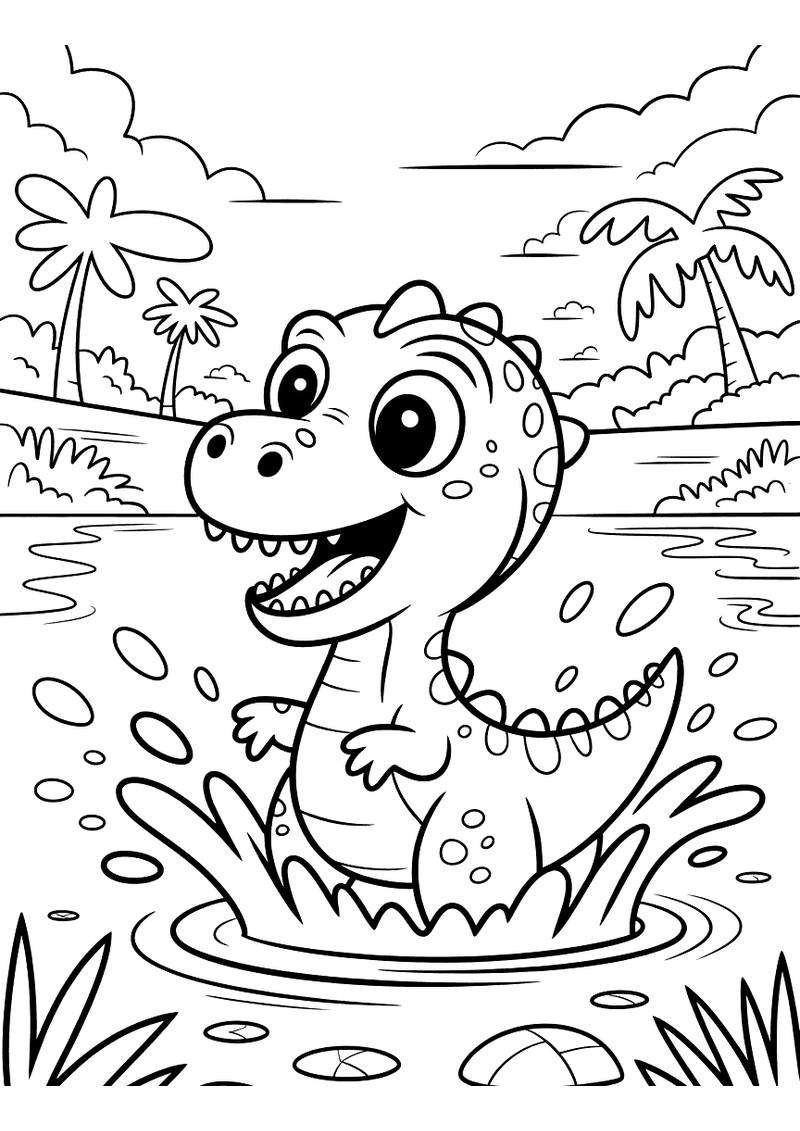Kleurplaat van een vrolijke dinosaurus die in een warme rivier of meer staat en water opspatst, omgeven door tropische b
