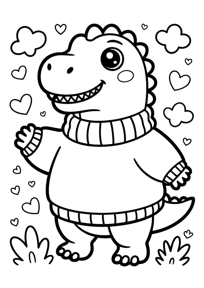 Kawaii kleurplaat van een lachende dinosaurus in een gestreepte trui die zijn pootje opsteekt, omringd door hartjes en w