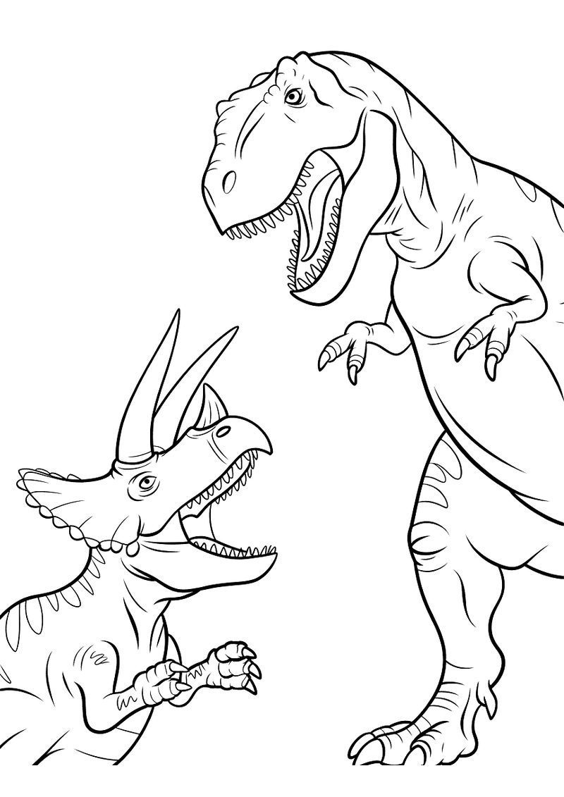 Kleurplaat van een T-Rex en een Triceratops die tegenover elkaar staan met open bekken alsof ze gaan vechten