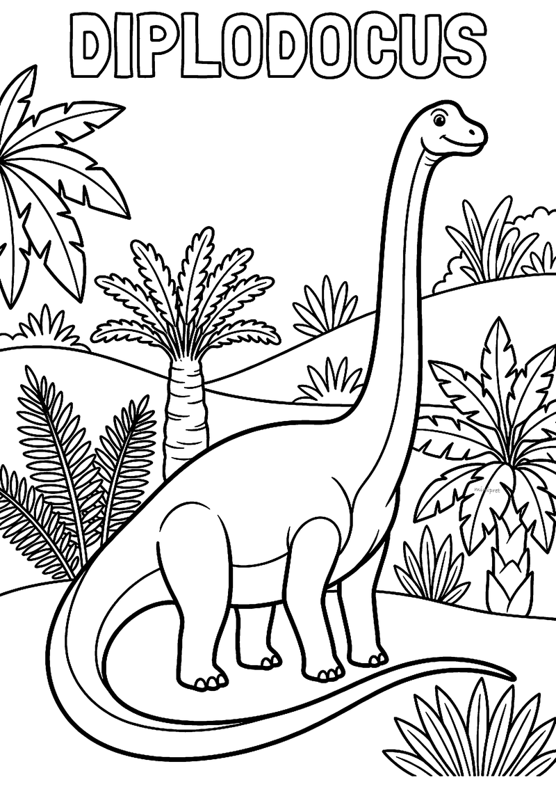 Kleurplaat van een diplodocus met lange nek en lange staart tussen palmbomen en varens