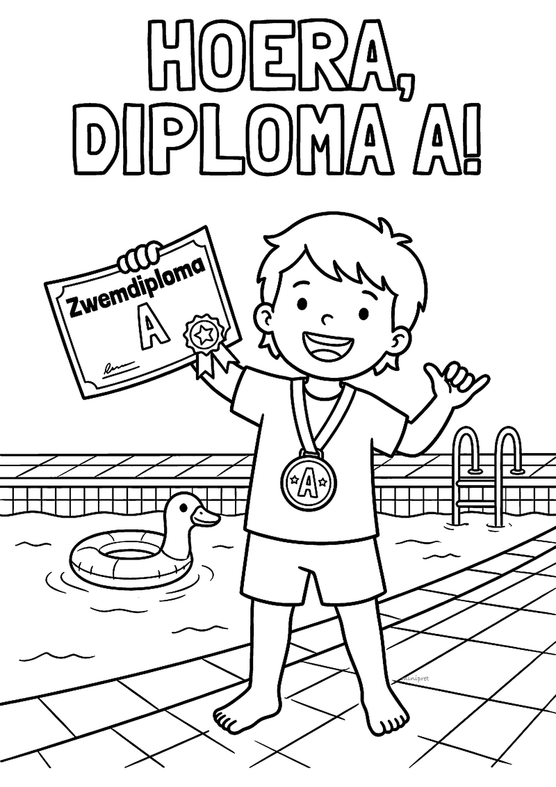 Kleurplaat van een jongen bij het zwembad met zijn zwemdiploma A en een medaille, met de tekst Hoera diploma A