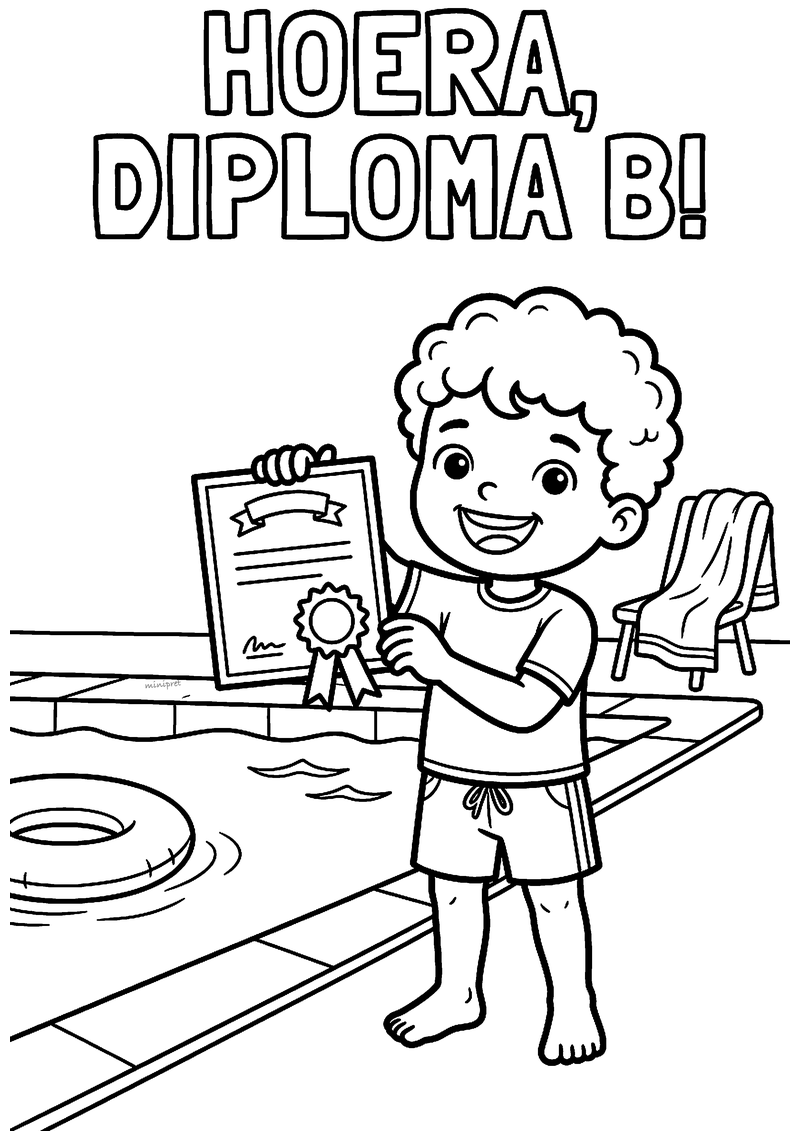 Kleurplaat van een jongen met krullen die zijn zwemdiploma vasthoudt bij het zwembad, met de tekst Hoera diploma B