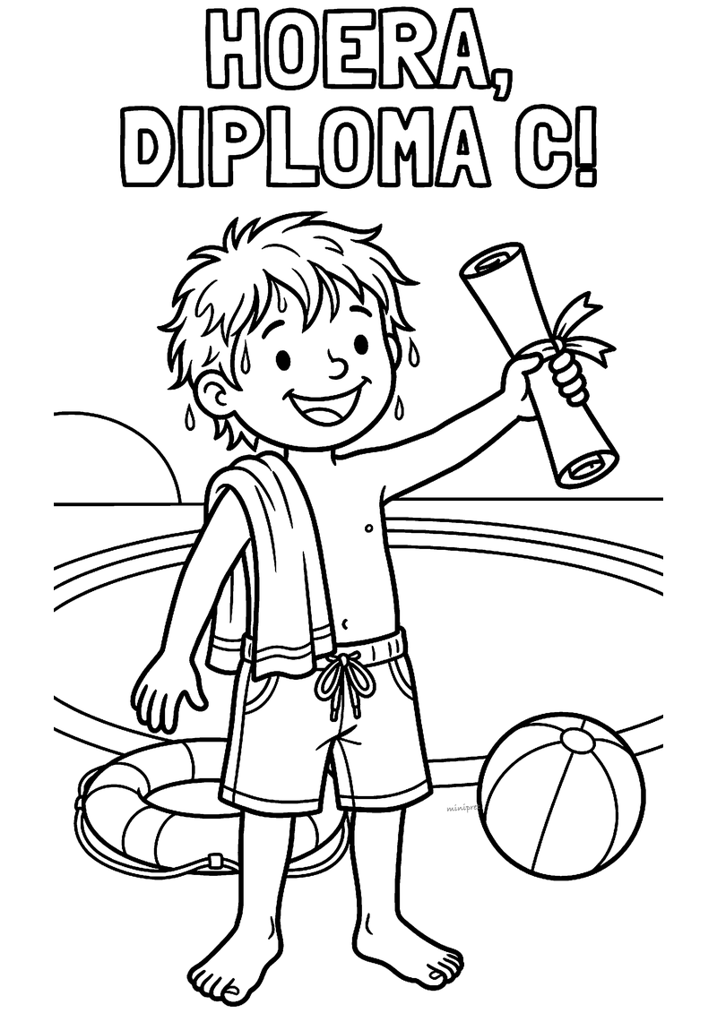 Kleurplaat van een natte jongen met handdoek die een opgerold diploma omhoog houdt, met strandbal en zwemband
