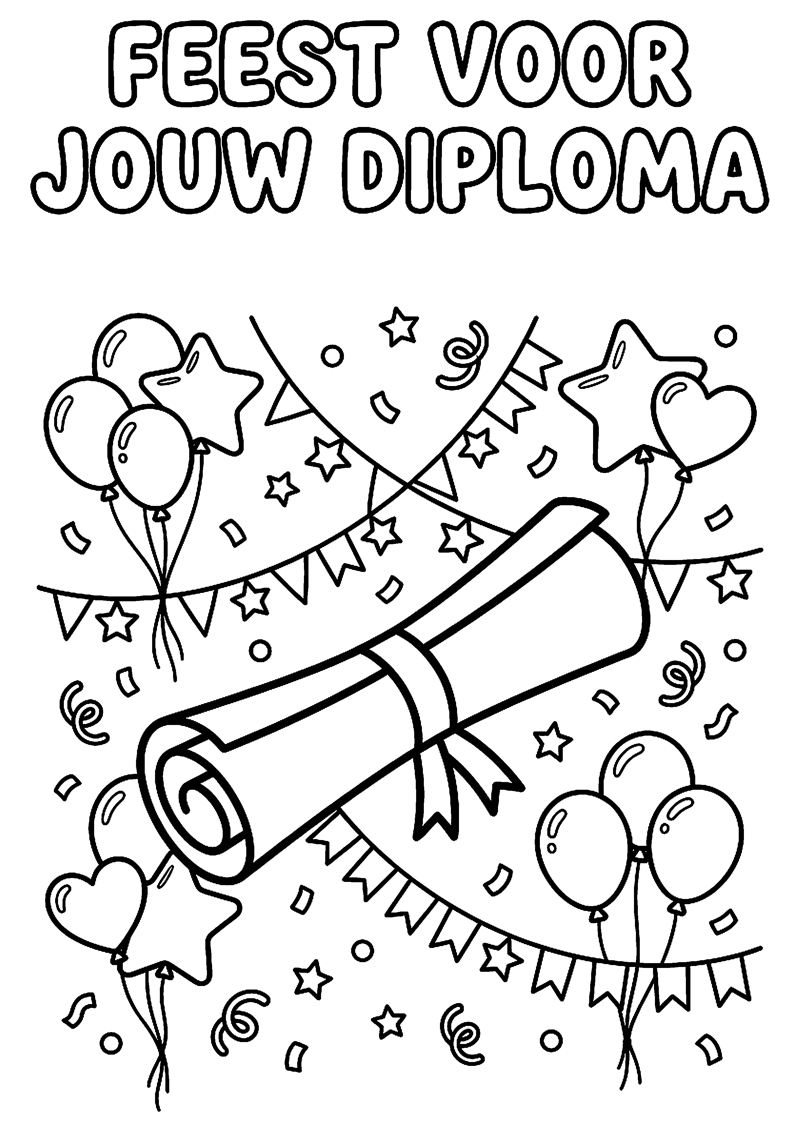 Diploma met Slingers Ballon en Confetti met Tekst Feest voor Jouw Diploma Geslaagd Kleurplaat — gratis kleurplaat