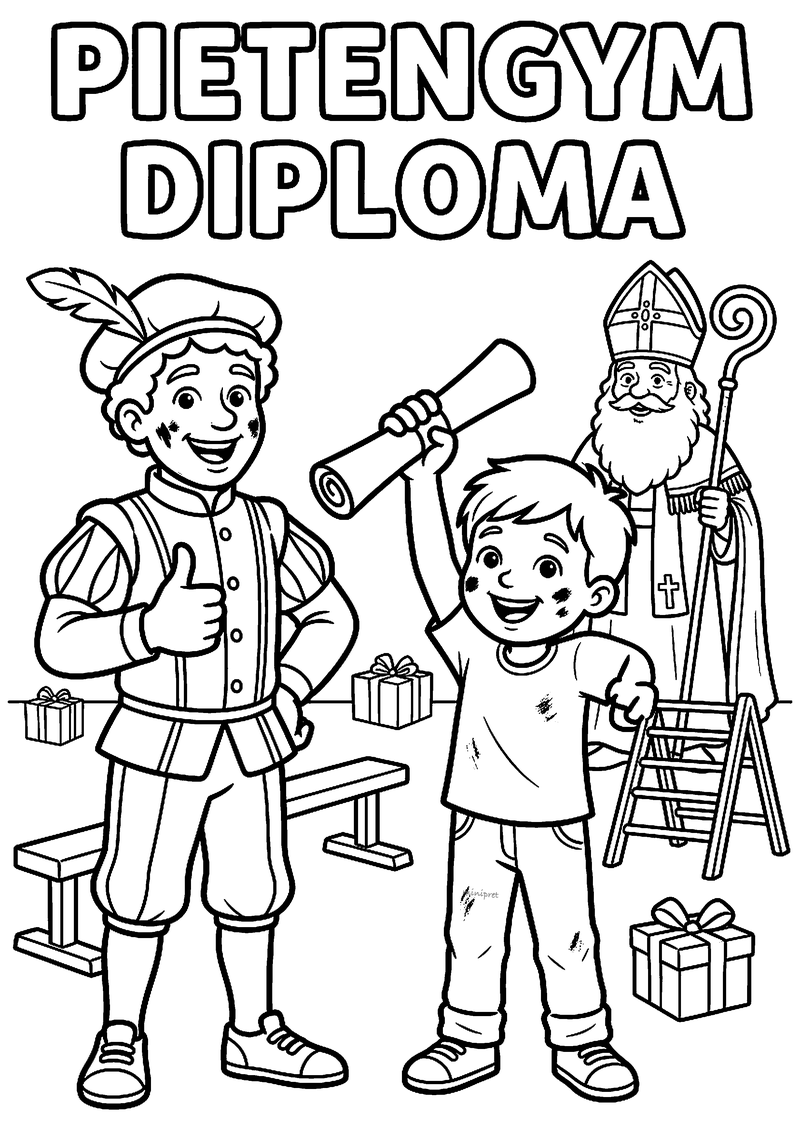 Kleurplaat van een jongen die zijn diploma omhoog houdt naast een Piet met duim omhoog, met de tekst PIETENGYM DIPLOMA