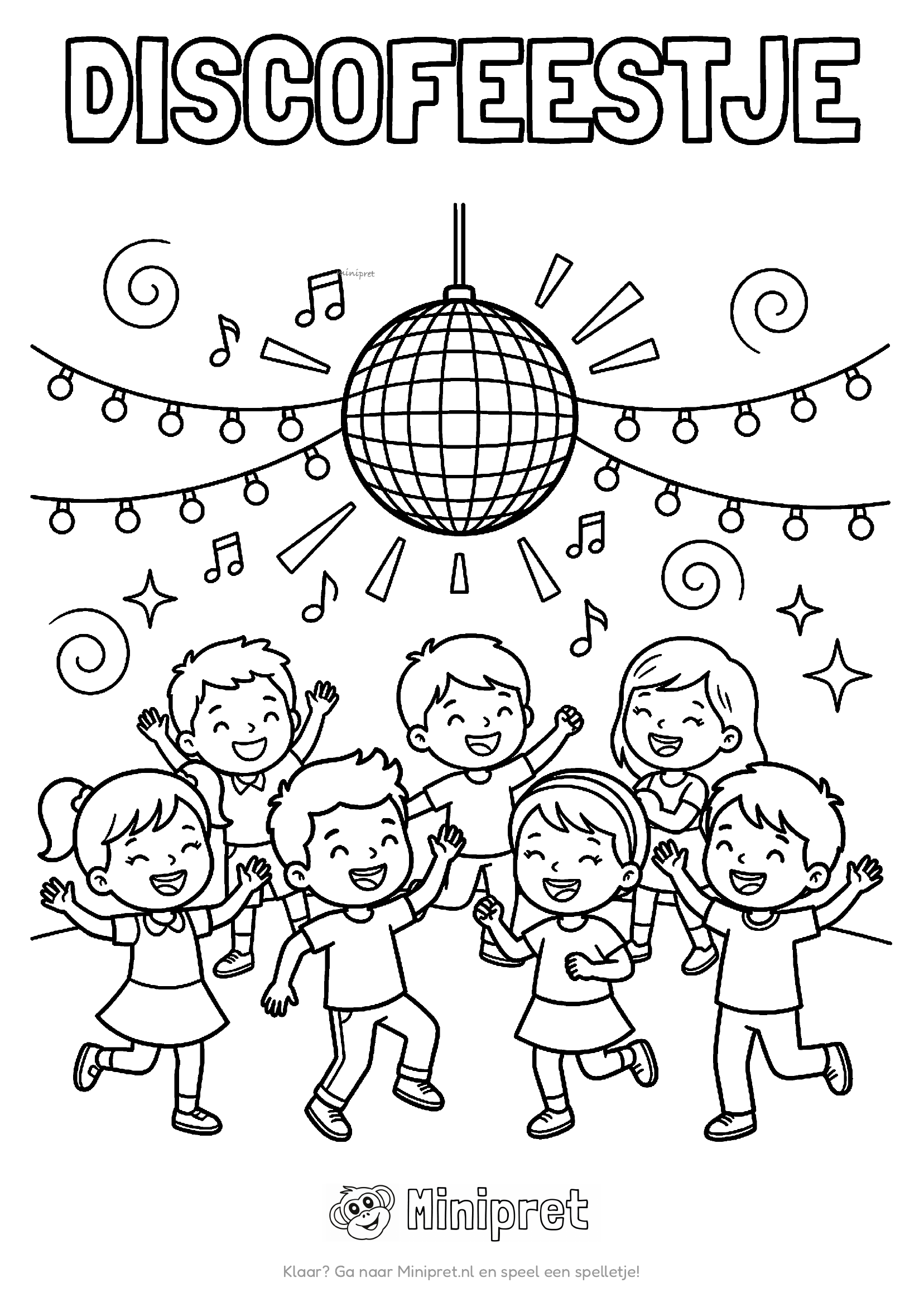 Discofeestje kleurplaat — kinderen die dansen onder een spiegelbol met lichteffecten