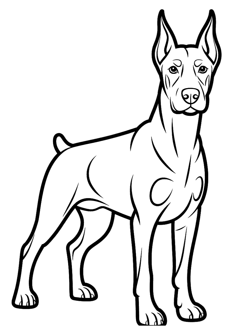 Kleurplaat van een Dobermann die rechtop staat in een alerte houding met opgericht hoofd en gespitste oren