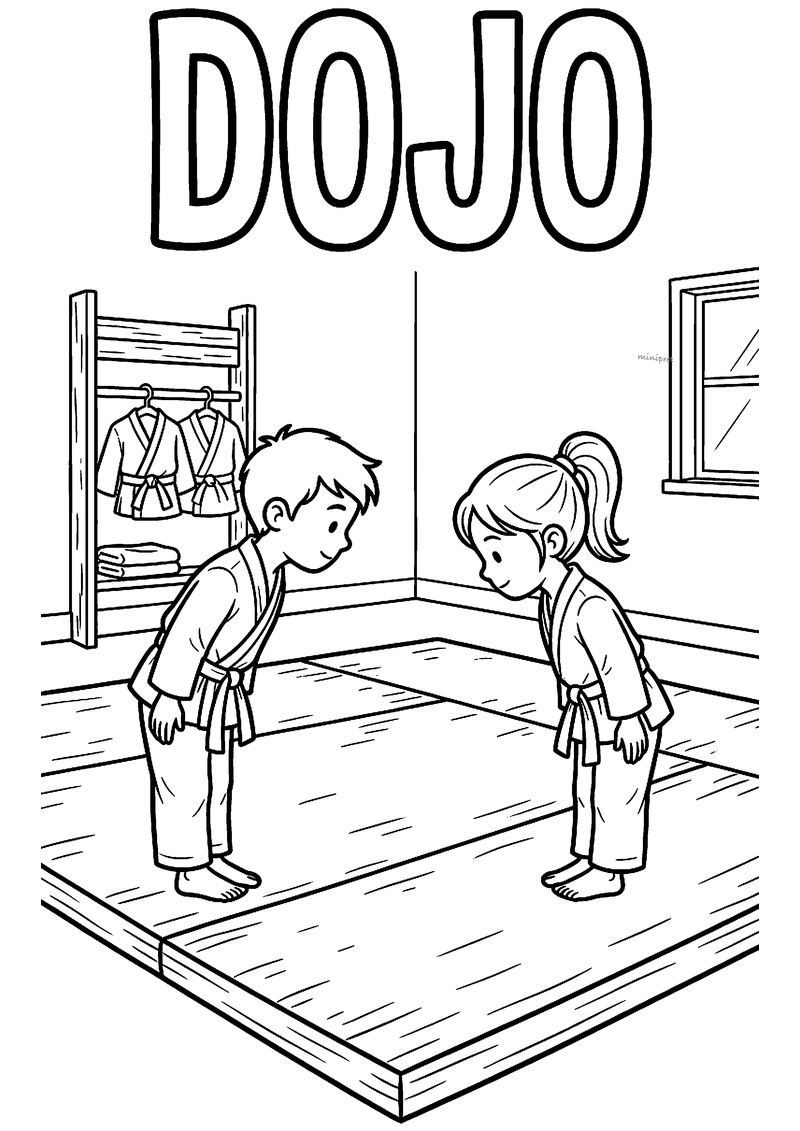 Kleurplaat van een jongen en een meisje in judopak die naar elkaar buigen op de mat van een dojo, met de tekst Dojo