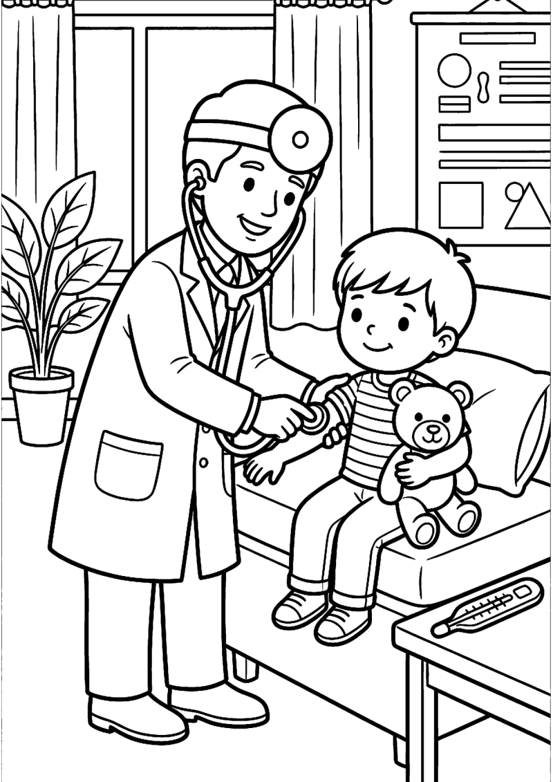 Dokter helpt patient kleurplaat — gratis kleurplaat