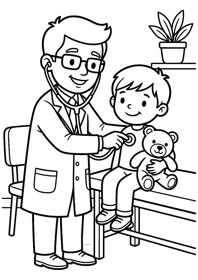 Kleurplaat van een dokter met bril en stethoscoop die naar de borst van een jongen met teddybeer luistert