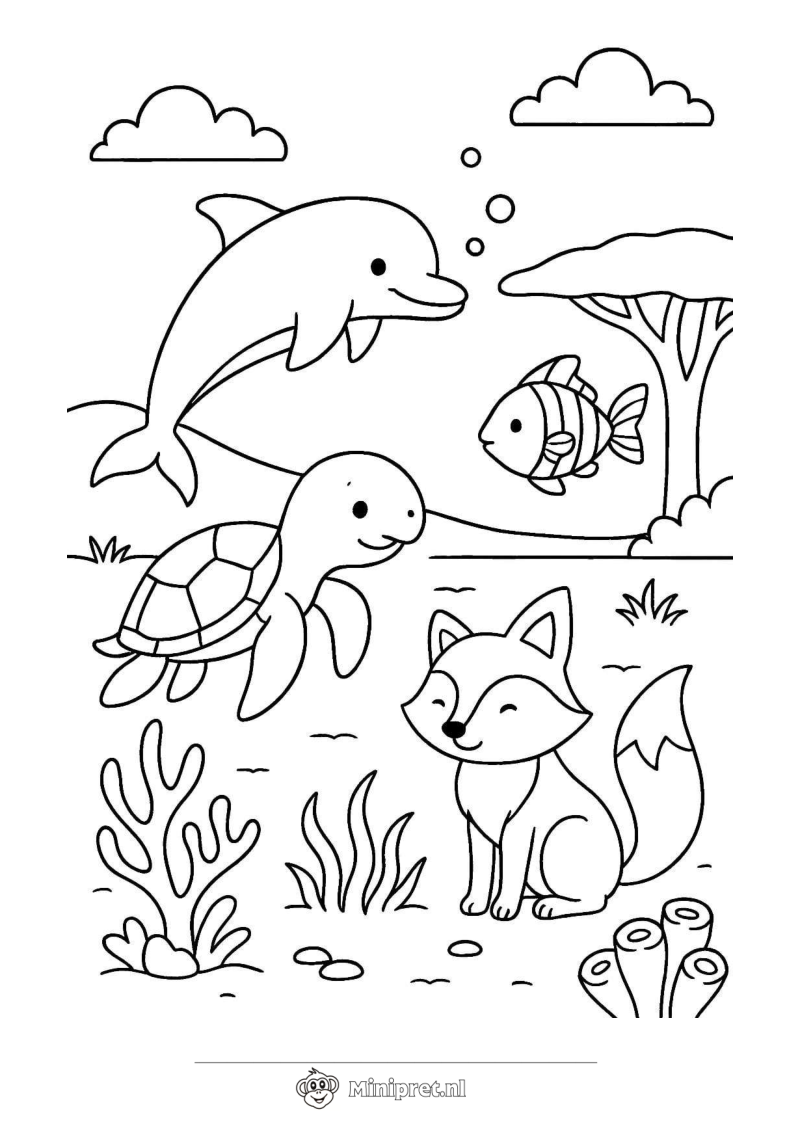 Dolfijn en Schildpad kleurplaat — gratis kleurplaat