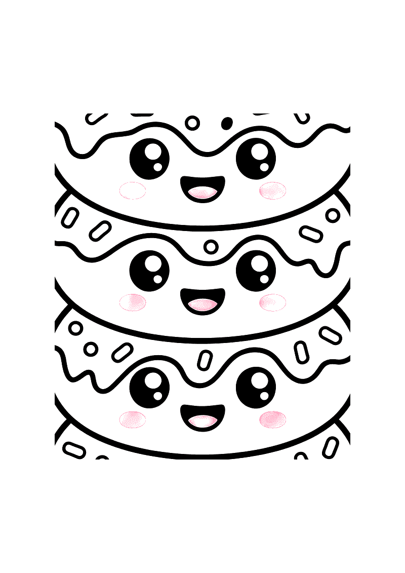 Kawaii kleurplaat van drie gestapelde donuts met elk een lachend gezichtje met bolle wangen, bekleed met glazuur en spri