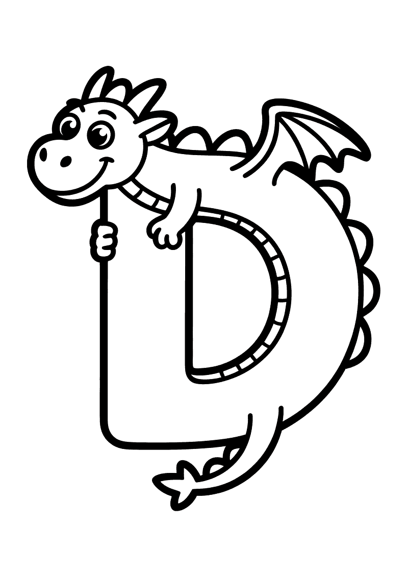 Kleurplaat van een draak die om een grote letter D heen kronkelt met zijn staart en poten terwijl hij breed lacht naar d