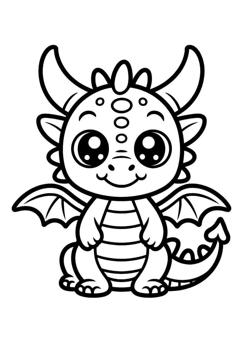Kleurplaat van een chibi draakje met grote ronde ogen, kleine vleermuisvleugels en een brede glimlach