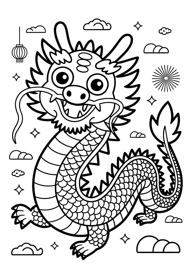 Kleurplaat van een lange kronkelende Chinese draak met een lantaarn en vuurwerk rondom, omringd door wolken en sterren