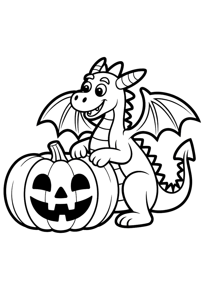 Kleurplaat van een draak met vleermuisvleugels naast een grote Halloween pompoen, met een puntige hoorn op zijn hoofd