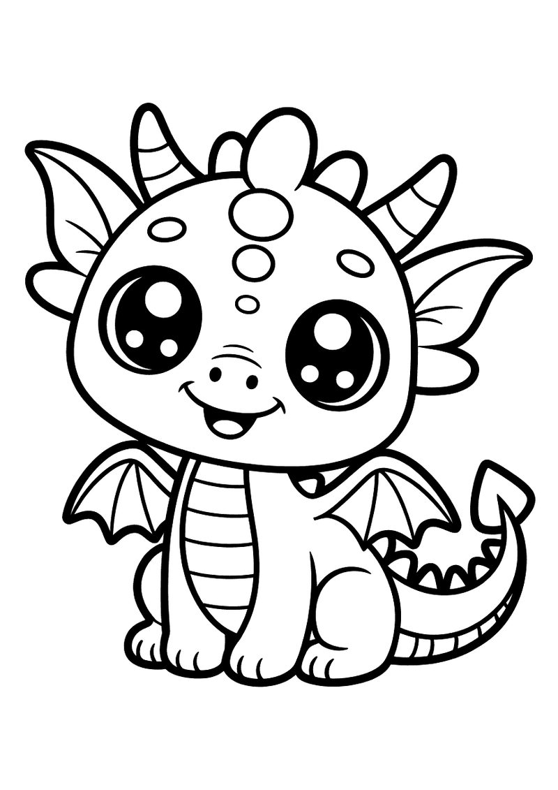 Kleurplaat van een rond kawaii babydraakje met grote glanzende ogen, kleine vleugeltjes en een breed glimlachend mondje