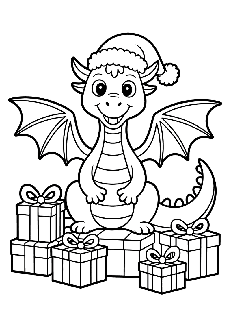 Kleurplaat van een vrolijke draak met rode kerstmuts op zijn hoofd, omringd door ingepakte cadeautjes met strikken