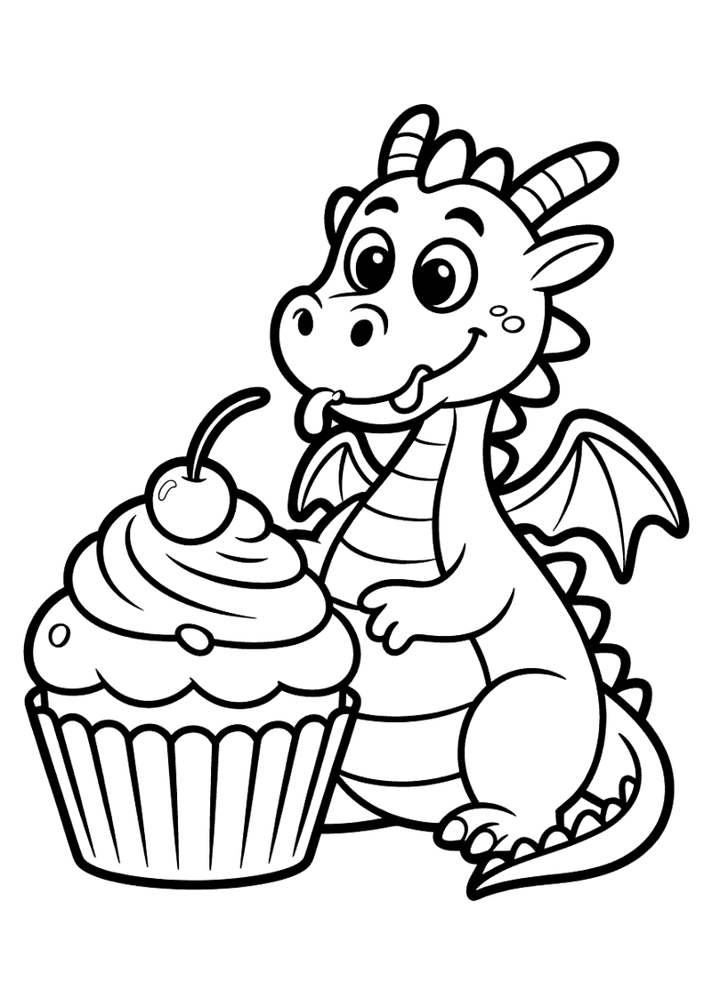 Kleurplaat van een babydraakje dat naast een grote cupcake met slagroom en een kers staat en er verlangend naar kijkt