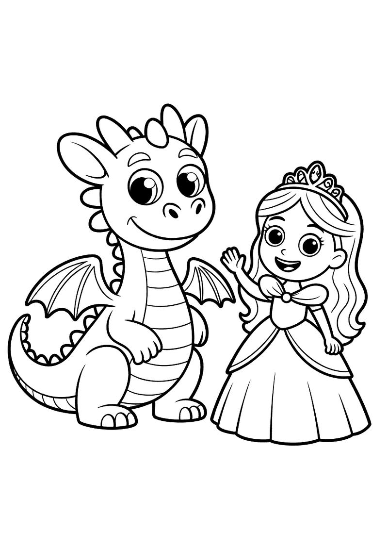 Kleurplaat van een babydraak en een lachende prinses met kroon en jurk die naast elkaar staan en naar de kijker kijken