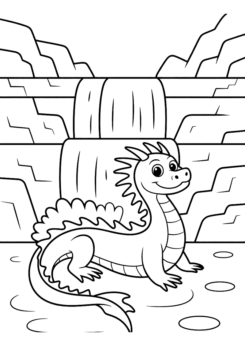 Kleurplaat van een waterdrake die rustig zit bij een grote waterval tussen hoge rotswanden, water stroomt omheen