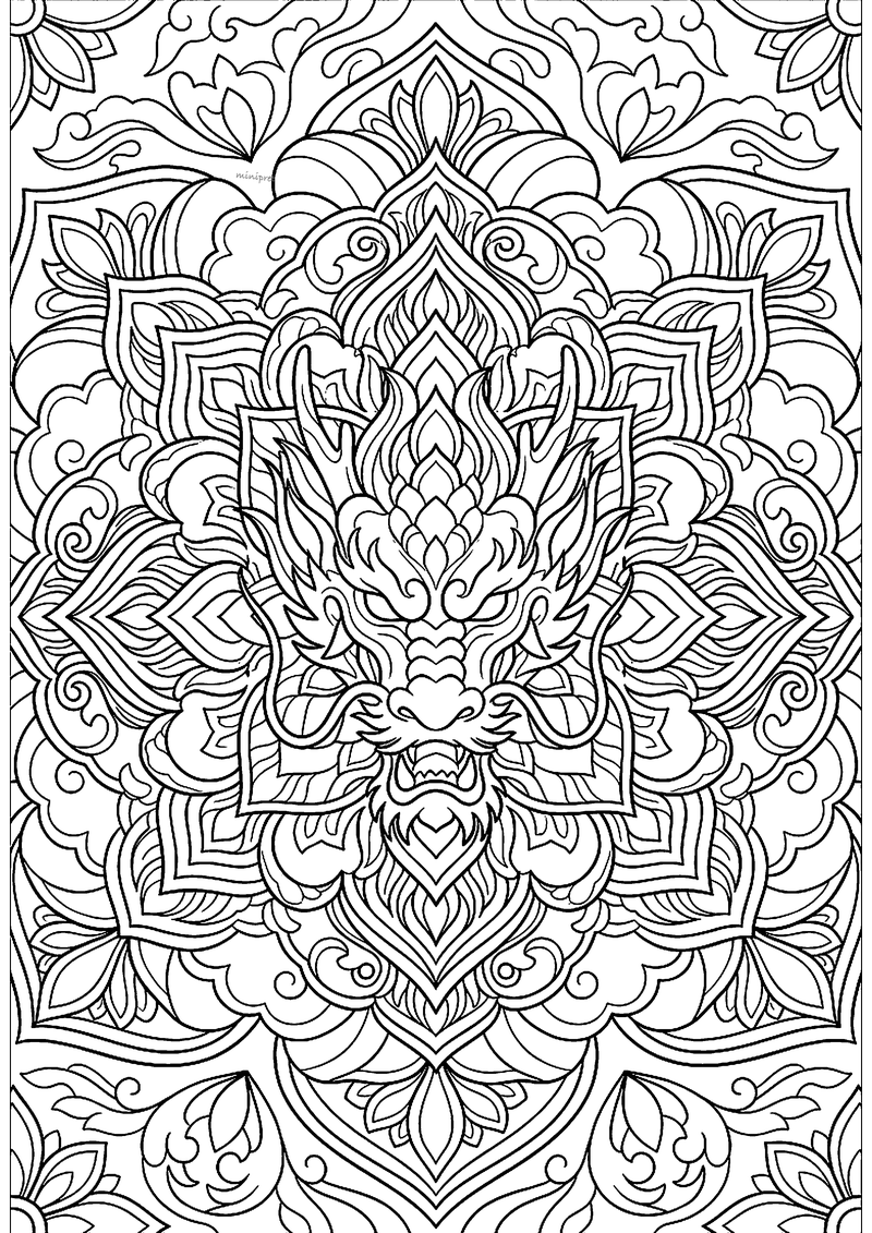 Drakenkop in symmetrische bloemen-mandala, fijne tattoo-flash lijntekening
