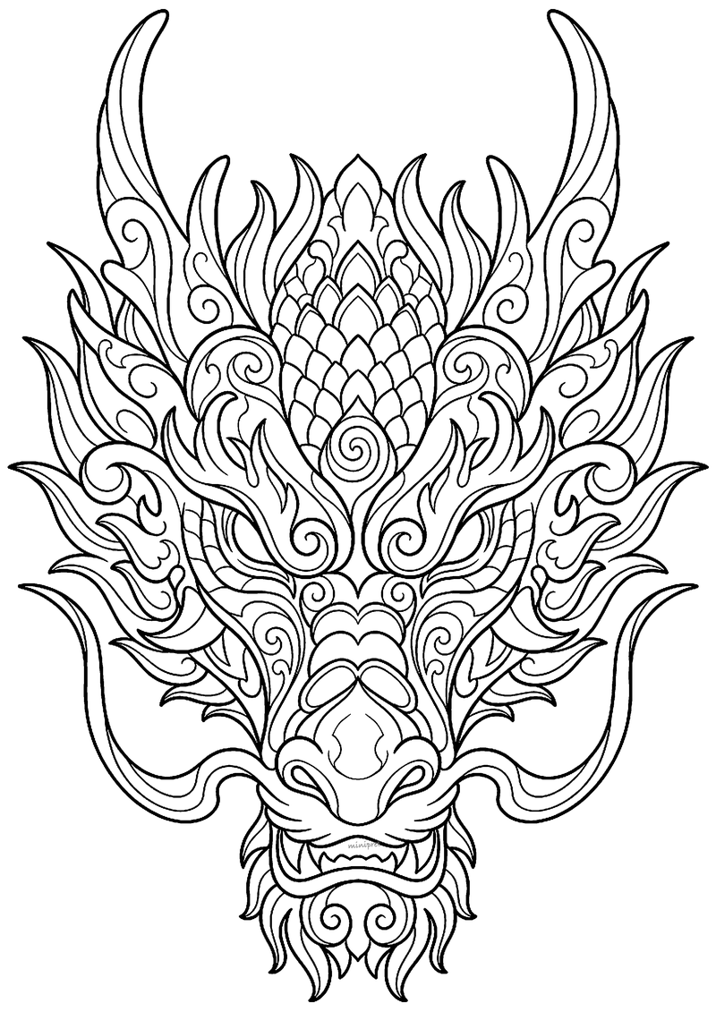 Frontale drakenkop met vlammen en krullen, Japanse tattoo-flash lijntekening