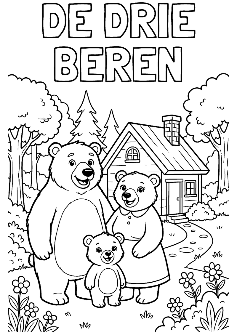 Kleurplaat van vader beer, moeder beer en het kleine beertje voor hun houten huisje in het bos