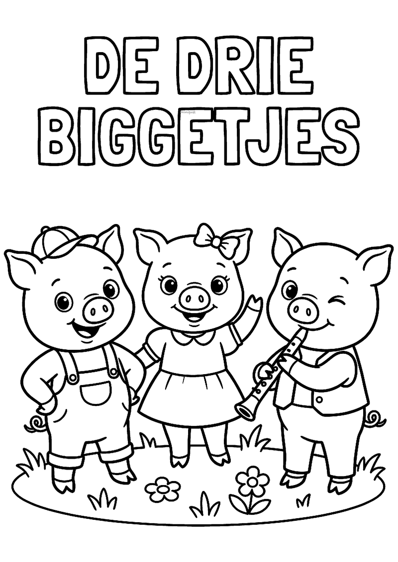 Kleurplaat van de drie biggetjes op het gras, met een petje, een strik en een fluit