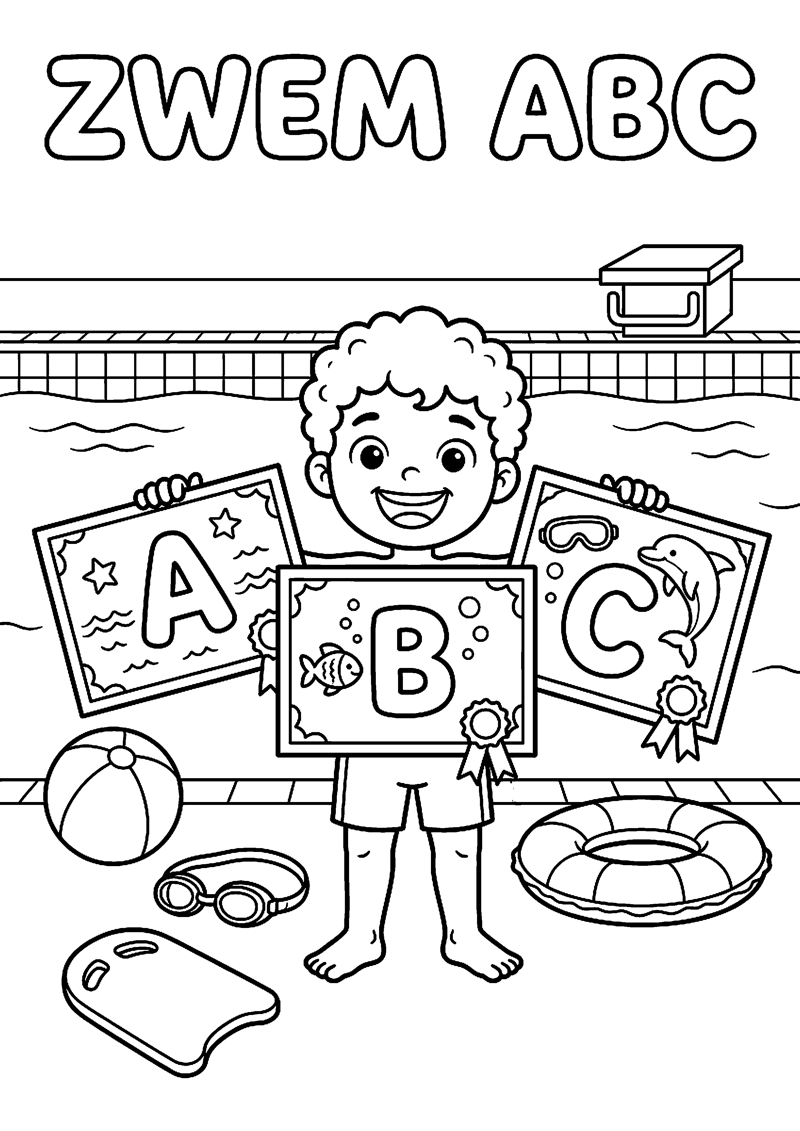 Drie Diploma S met Letters A B C en Blij Kind met Tekst Zwem Abc Geslaagd Kleurplaat — gratis kleurplaat