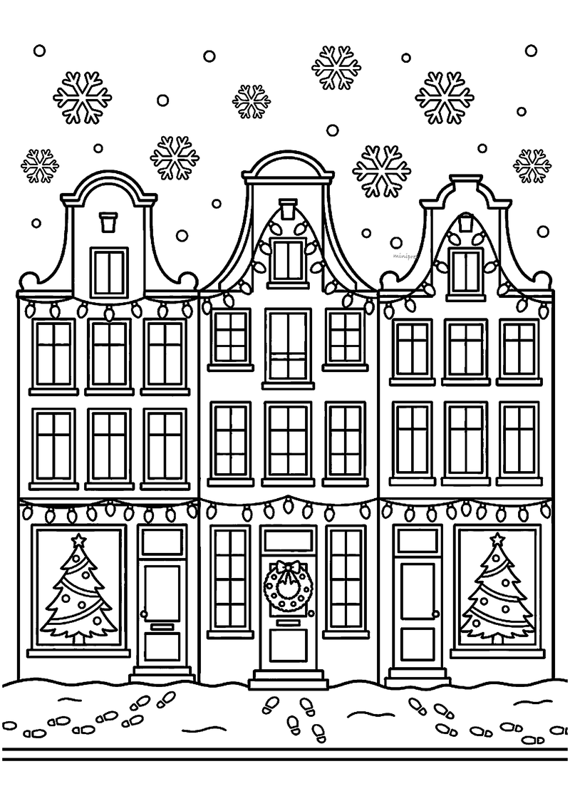 Kleurplaat van drie Hollandse grachtenpanden met lichtsnoeren, kransen aan deuren en kerstbomen in vensters