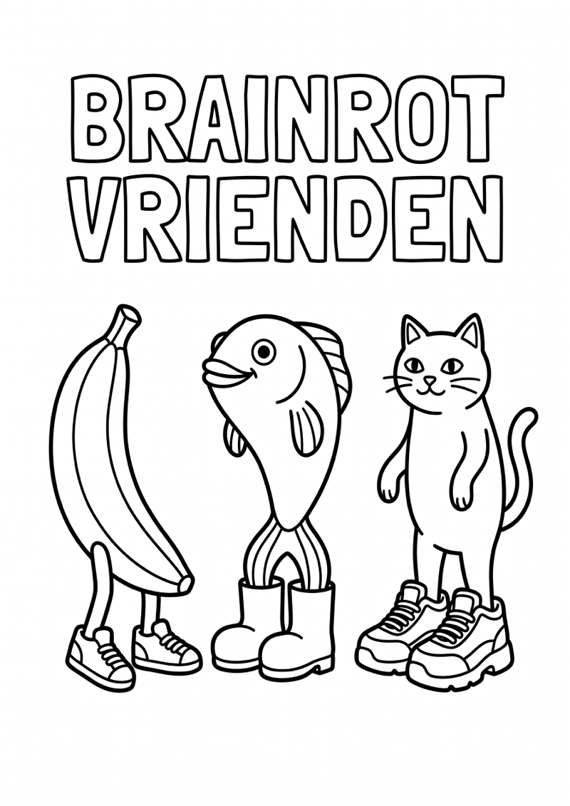 Drie Meme Wezens Brainrot Vrienden Kleurplaat — gratis kleurplaat printen