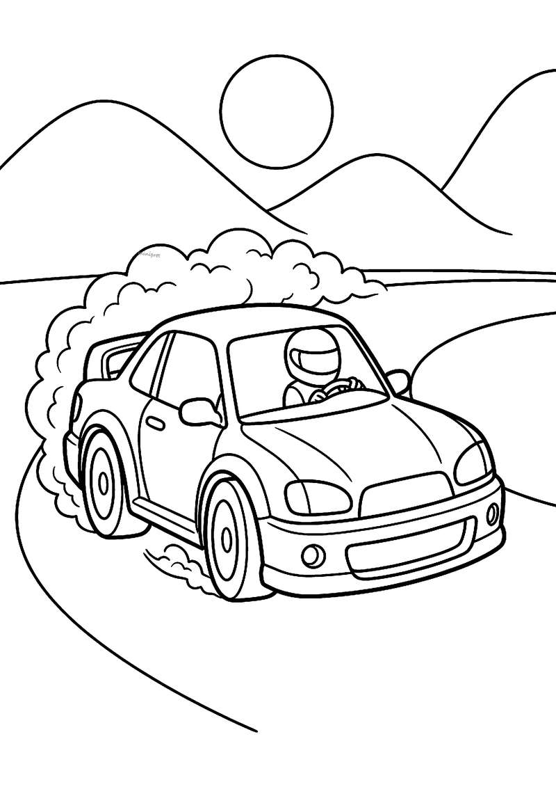 Kleurplaat van een raceauto die driftend door een bocht gaat met rookwolken achter de banden, met bergen en zon