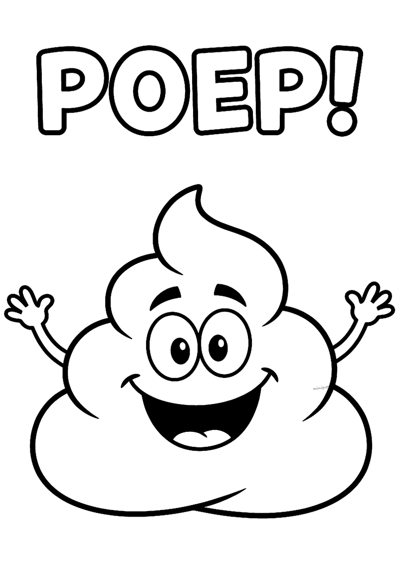 Kleurplaat van een lachende poep emoji met grote ogen en zwaaiende armen, met de tekst Poep