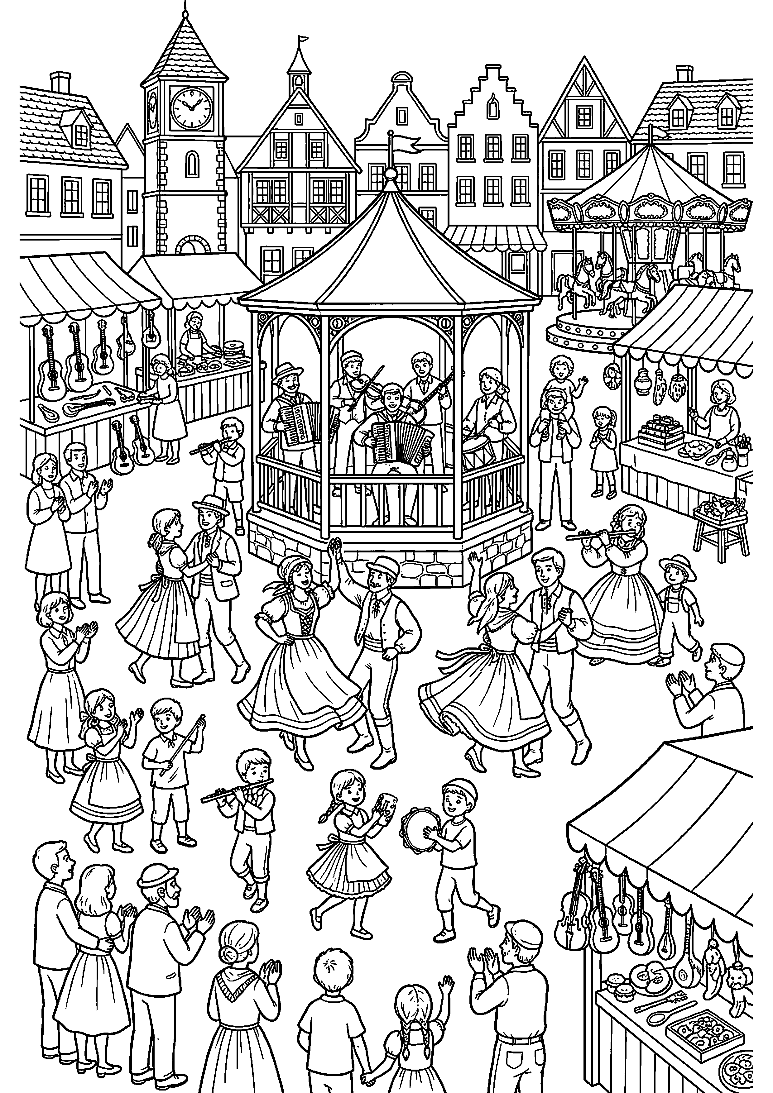 Druk plein met muziek en dans kleurplaat — gratis kleurplaat