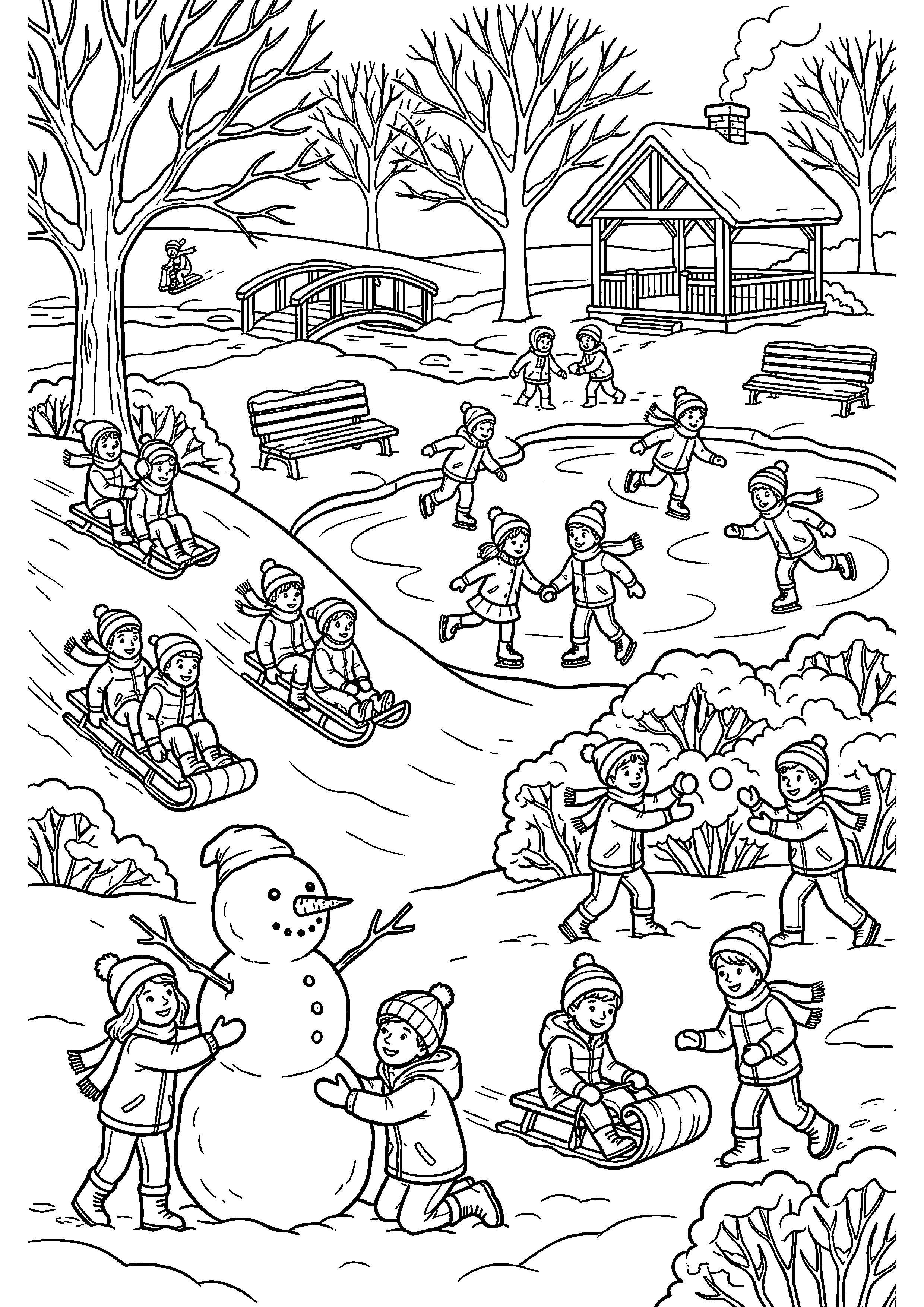Druk winterpark met kinderen kleurplaat