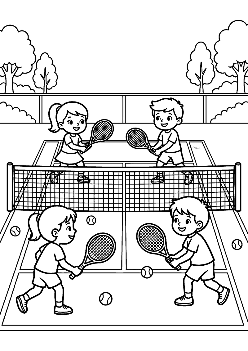Kleurplaat van vier kinderen die dubbelspel tennissen op een baan met net, tennisballen en bomen op de achtergrond