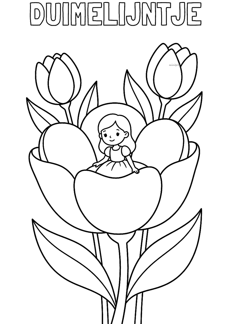 Kleurplaat van het kleine meisje Duimelijntje dat in een grote open tulp zit