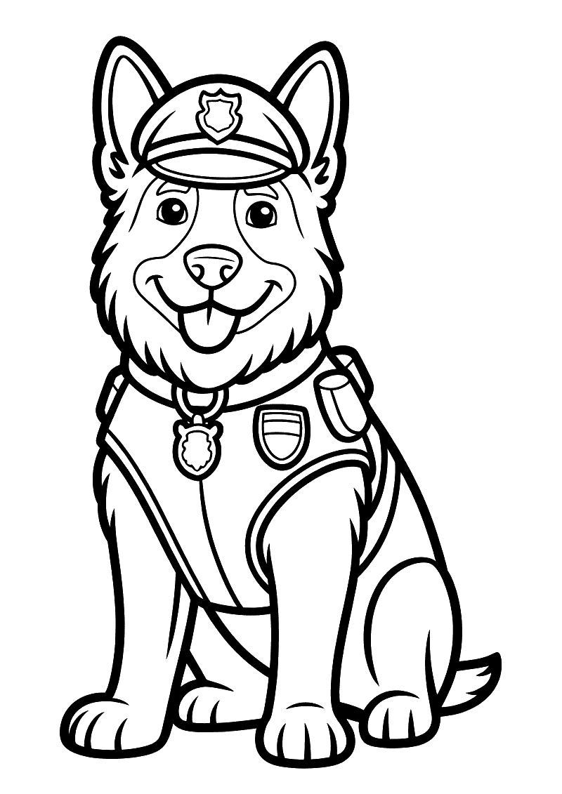Kleurplaat van een zittende Duitse Herder gekleed als politiehond met pet, penning en politie-uitrusting op zijn borst