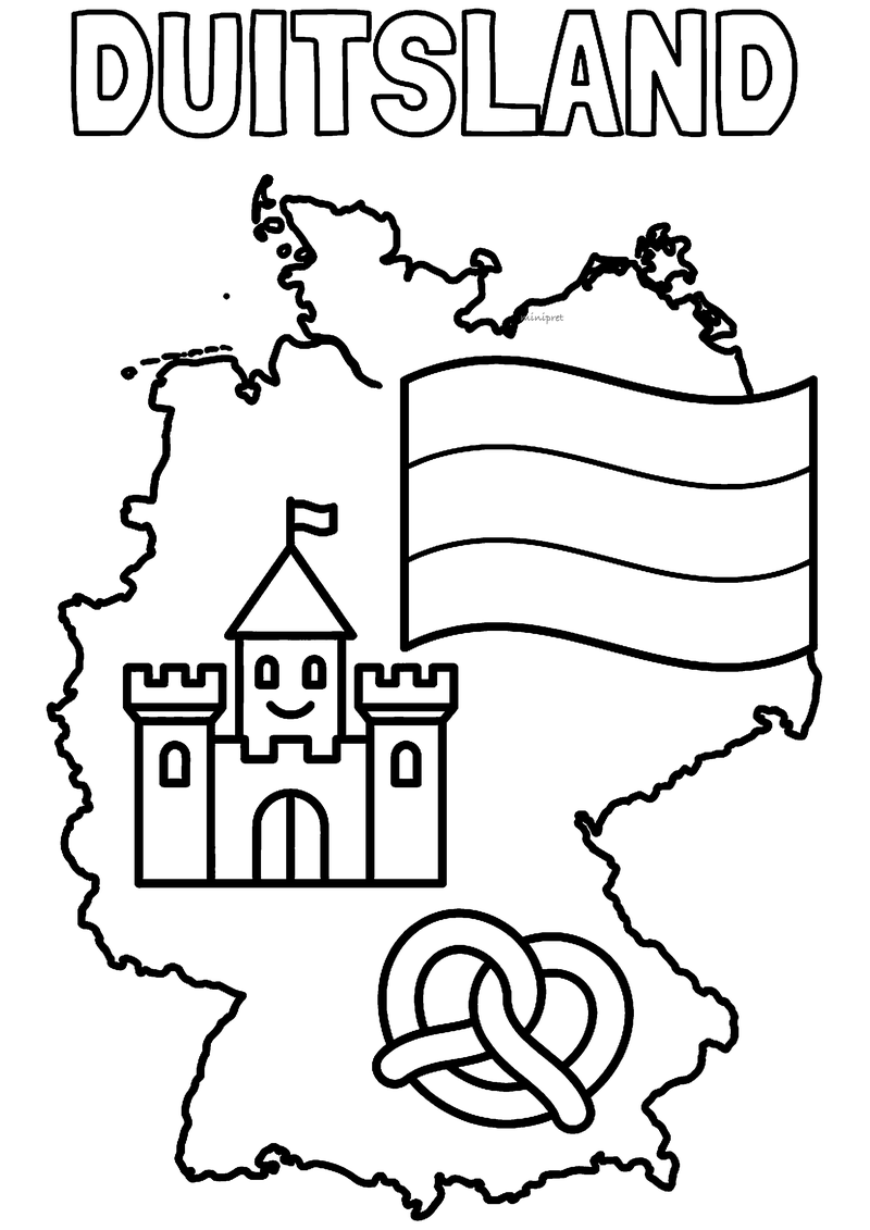 Kleurplaat van Duitsland met de landkaart, de vlag met drie banen, een kasteel met gezichtje en een pretzel