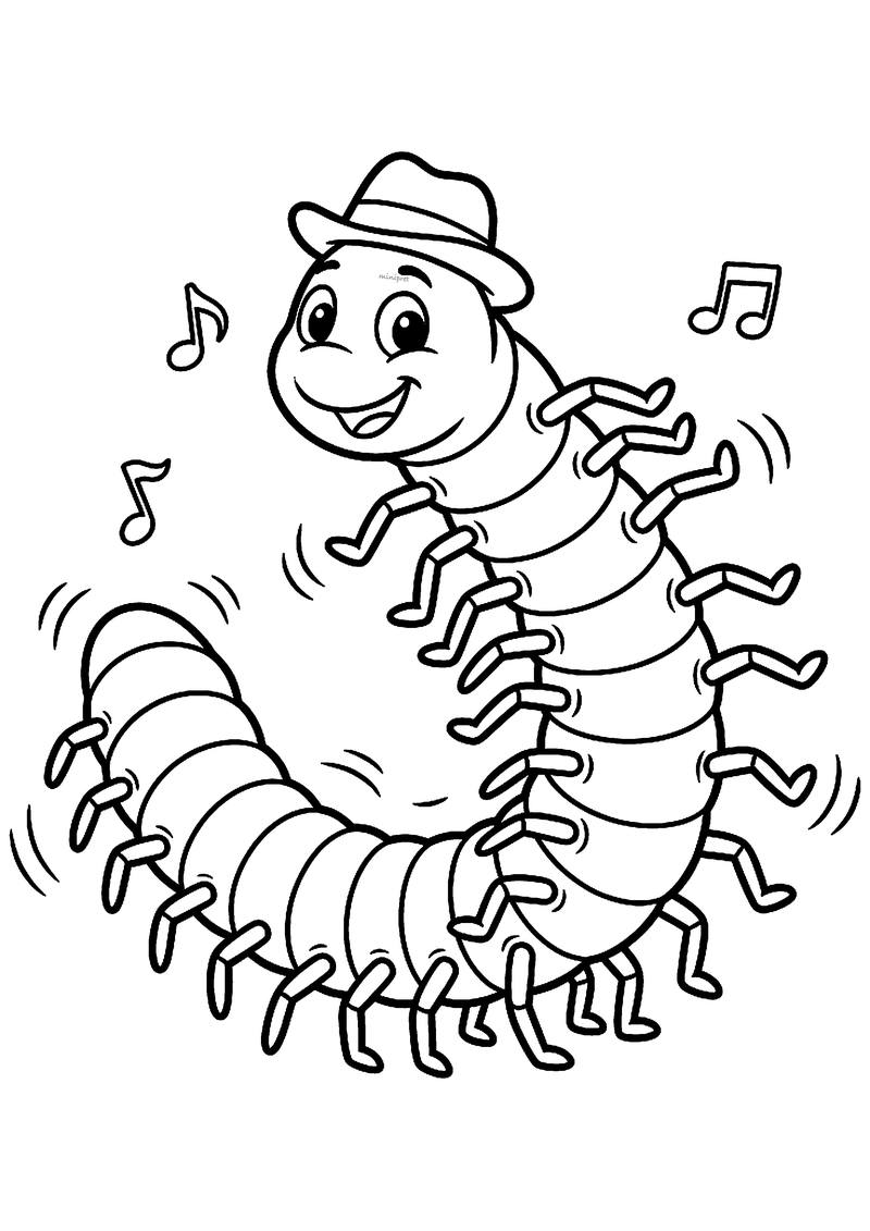 Kleurplaat van een vrolijke duizendpoot met een hoedje die met al zijn pootjes danst tussen muzieknootjes