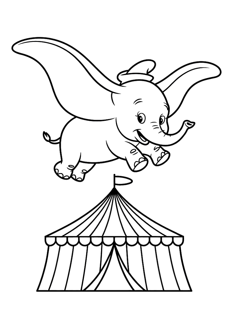 Dumbo Vliegt Boven Circustent — gratis kleurplaat