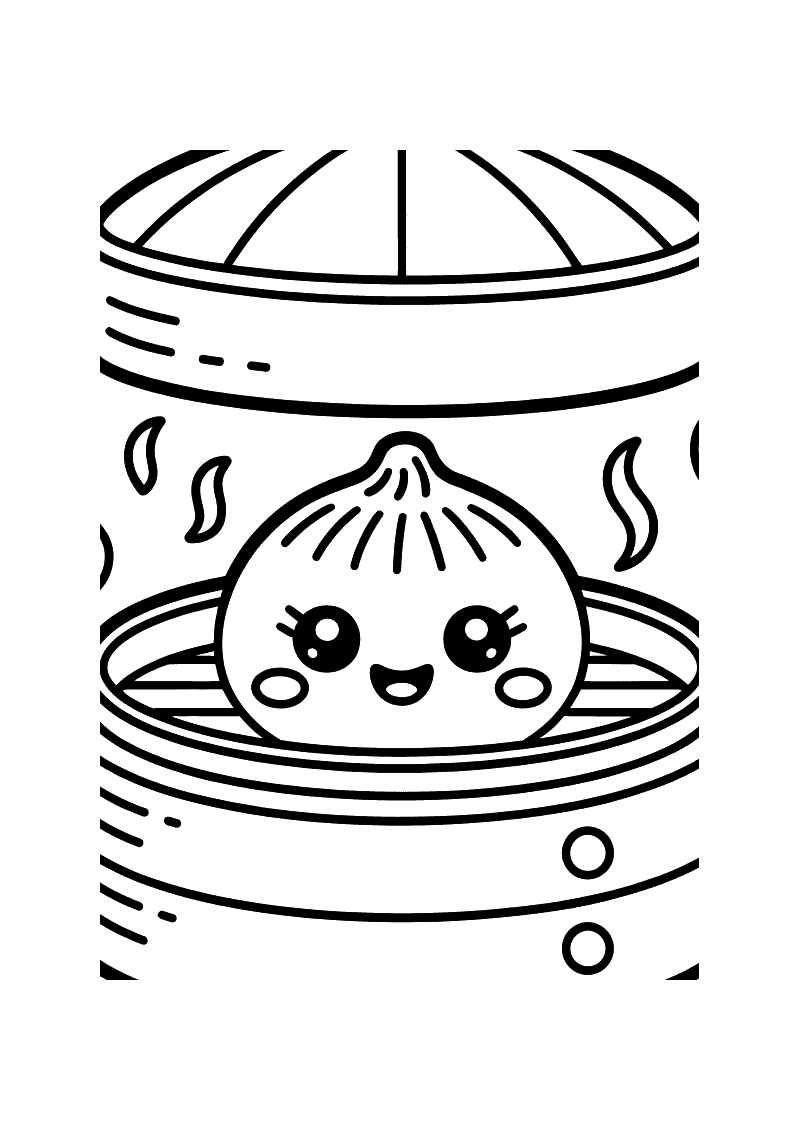 Kawaii kleurplaat van een lachende dumpling in een bamboestoommandje met stoomwolkjes eromheen en een deksel erboven
