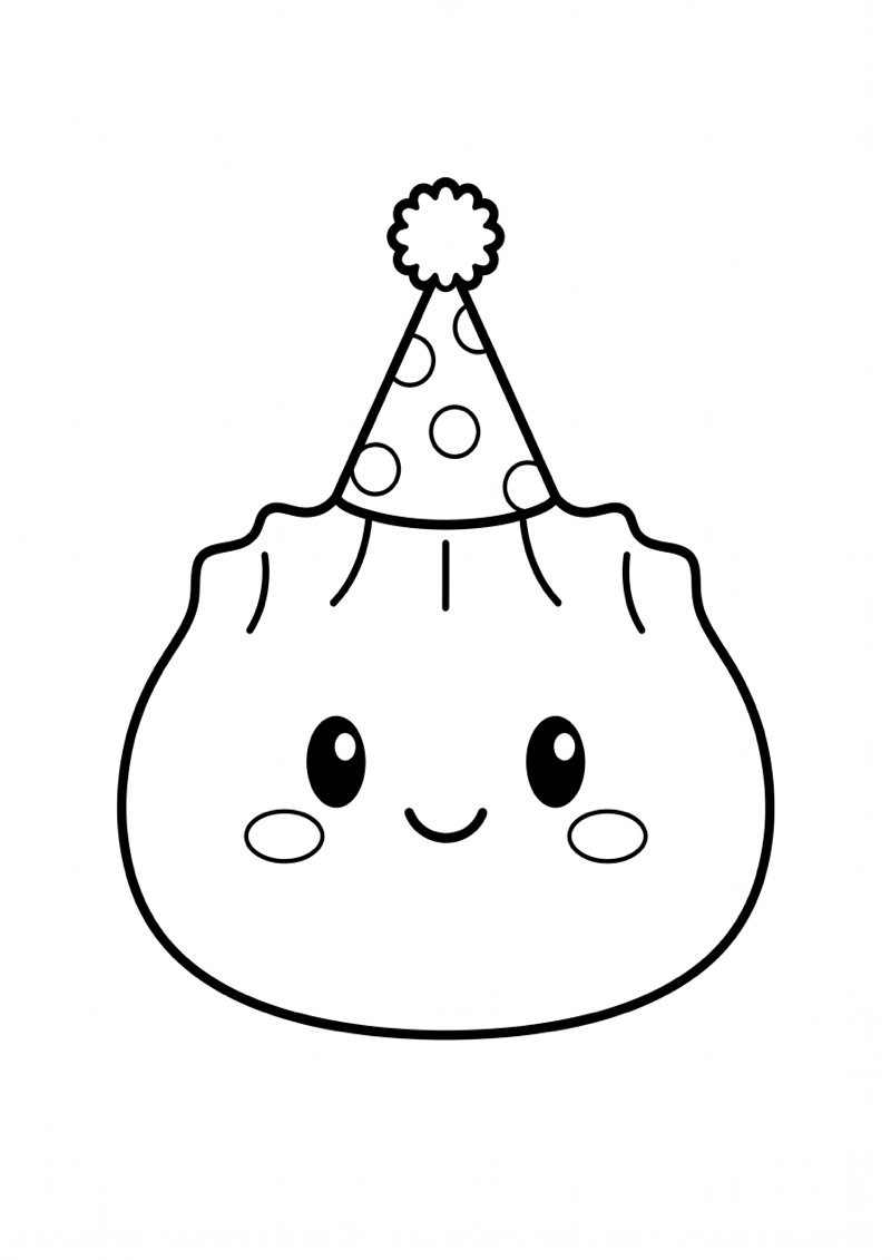 Dumpling met Feesthoedje Kleurplaat — gratis kleurplaat